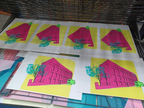 Two trees and the Tobacco Factory - Hand Pulled Screen Print by Amy Hutchings