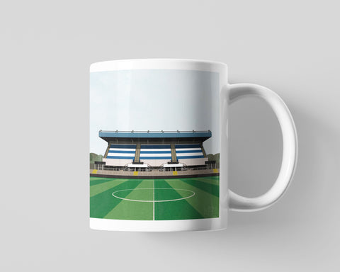 Bristol Rovers mug featuring an illustration of the Memorial Stadium