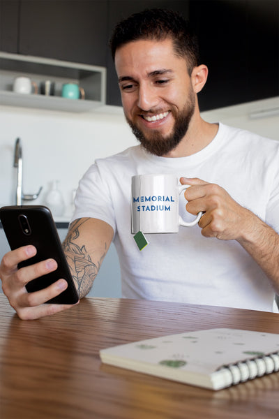 Bristol Rovers mug featuring an illustration of the Memorial Stadium