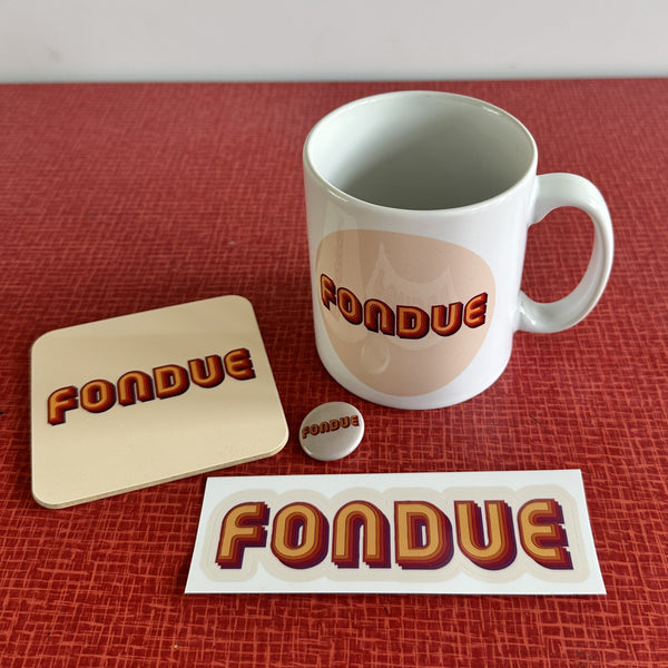 Fondue Merch Bundle (Mug, Coaster, Vinyl Sticker and Pin Badge)