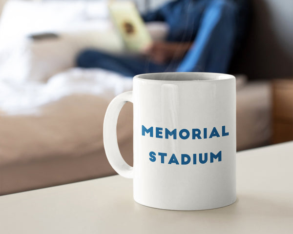 Bristol Rovers mug featuring an illustration of the Memorial Stadium